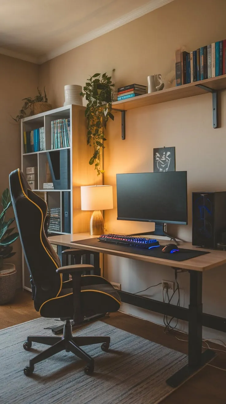 A comfortable chair and warm lighting enhance a study room featuring a gaming setup, bookshelves, and a well-lit desk.