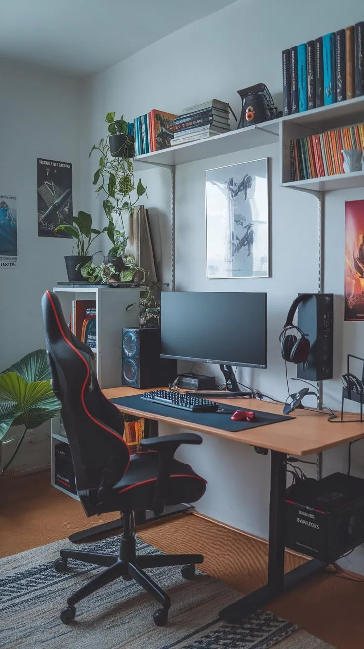 A stylish study room seamlessly blends academic pursuits with immersive gaming, creating a functional and aesthetically pleasing space.