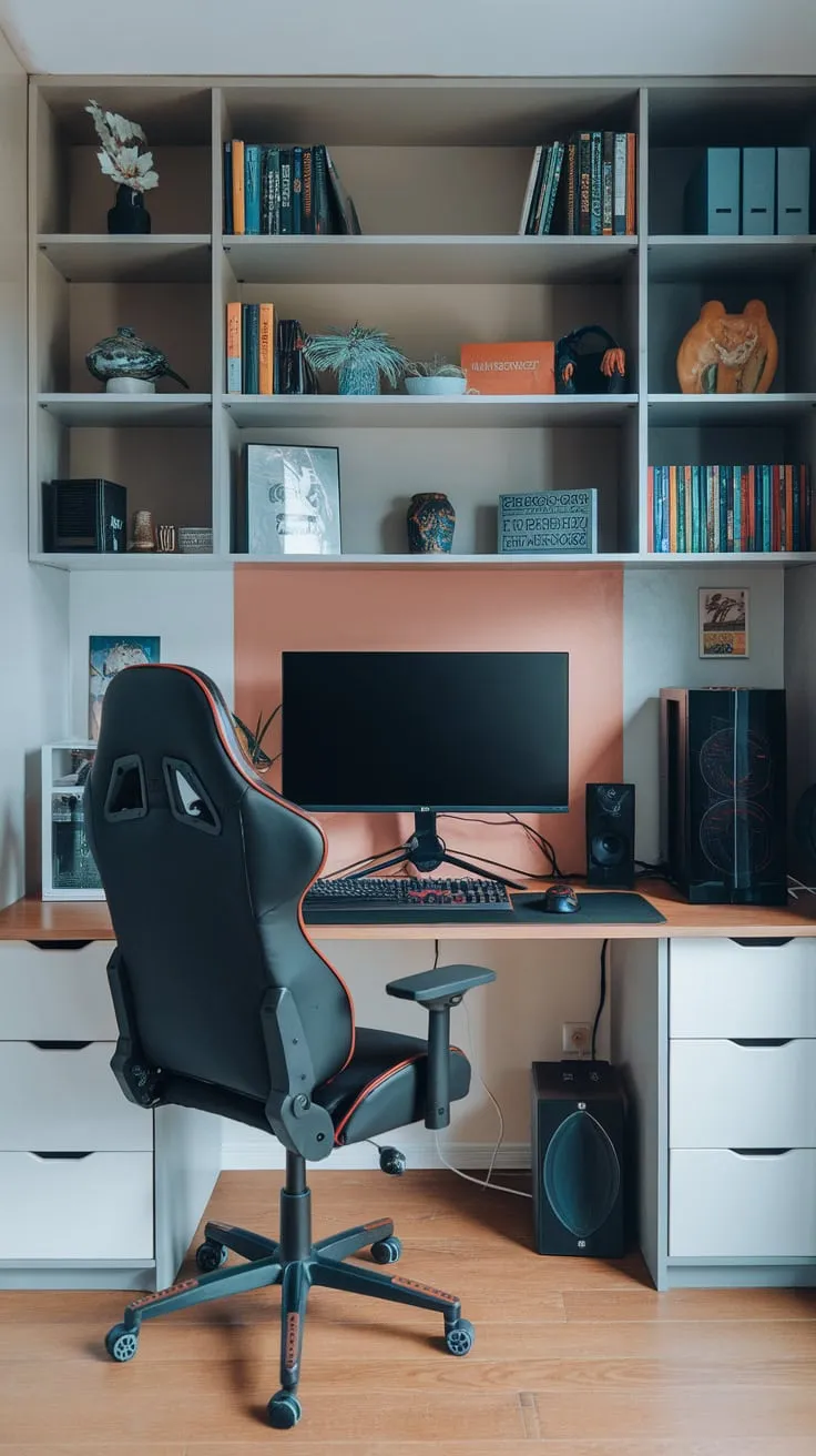 A gaming setup seamlessly blends with books and decor in this ultimate study room.