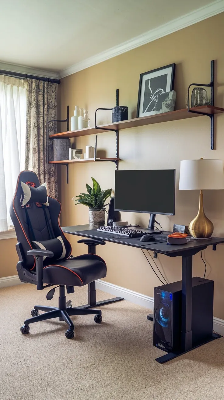 A gaming-ready study room offers a productive yet playful atmosphere, complete with a well-organized desk and stylish accents.