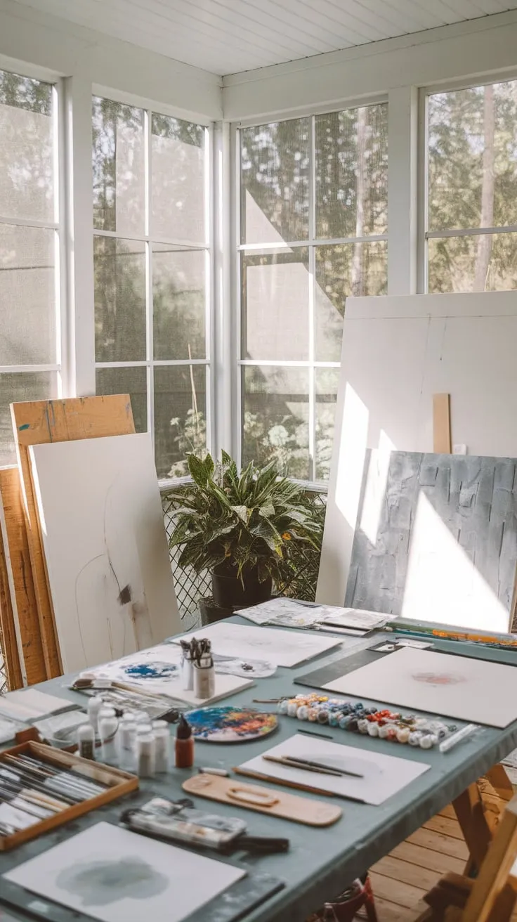 Sunlight, canvases, and creativity collide in my sunroom art studio.