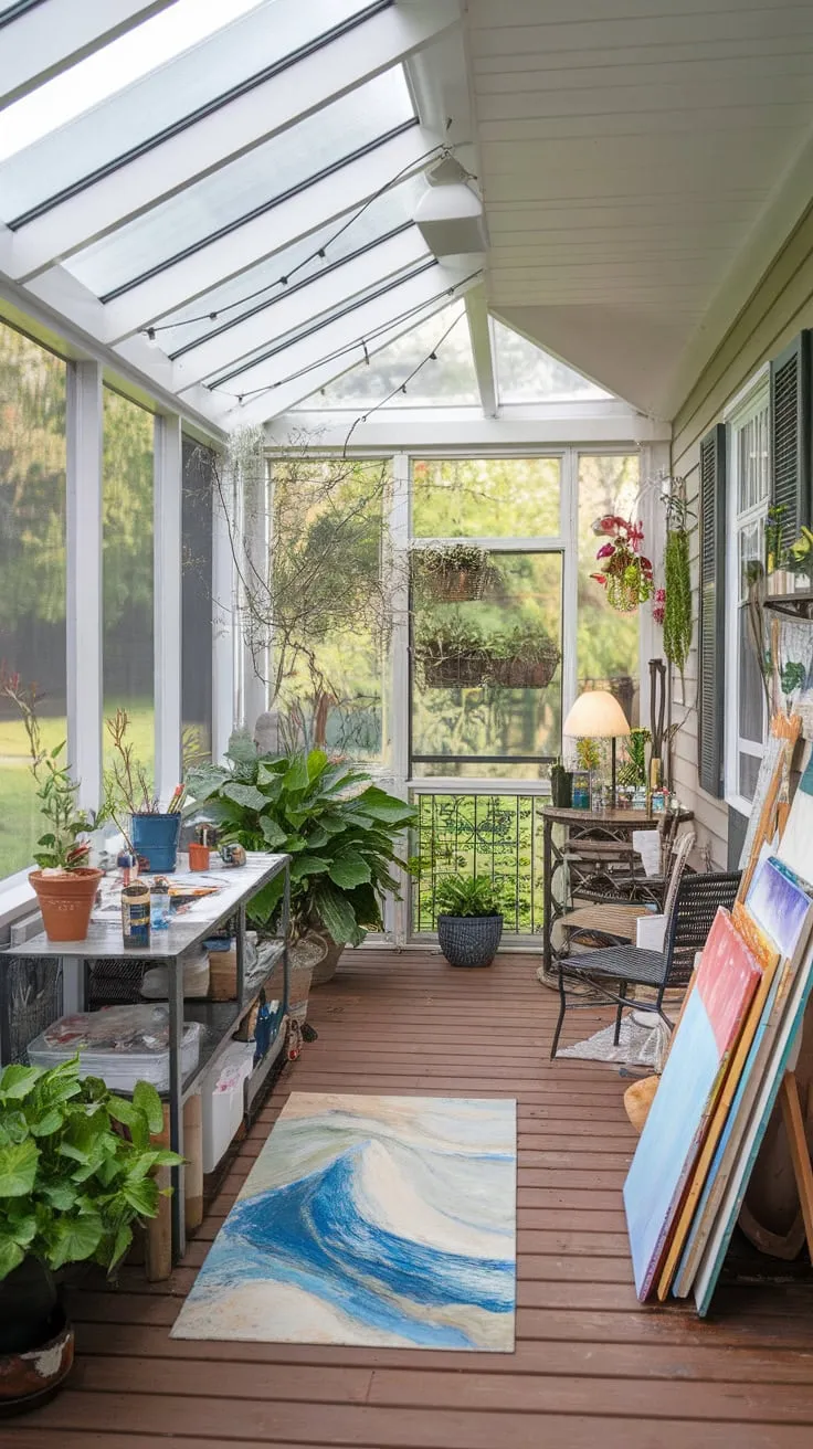 Sun-drenched inspiration: my screened-in art sanctuary.