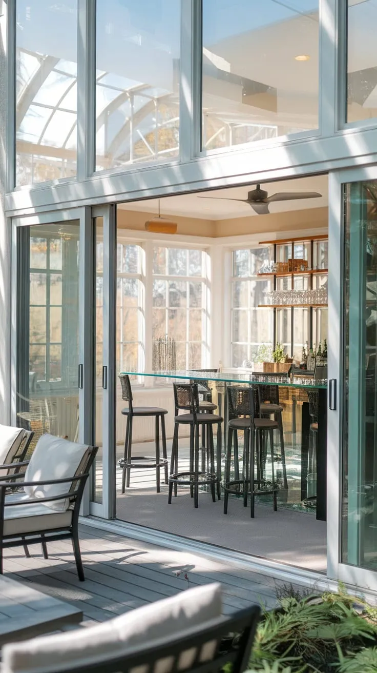 Glass, sunshine, and good times—the perfect recipe for a sunroom bar escape.