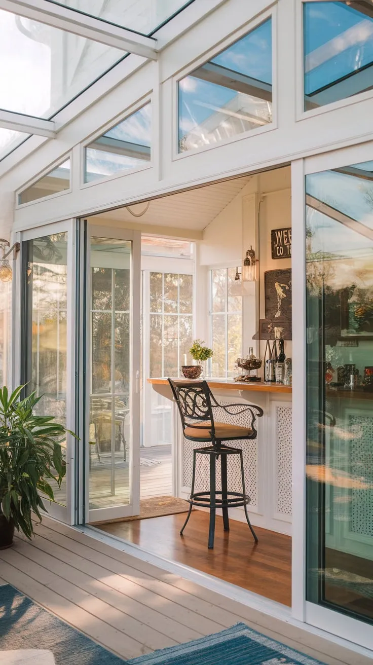 Sunshine, cocktails, and a view—this sunroom bar is my happy place.