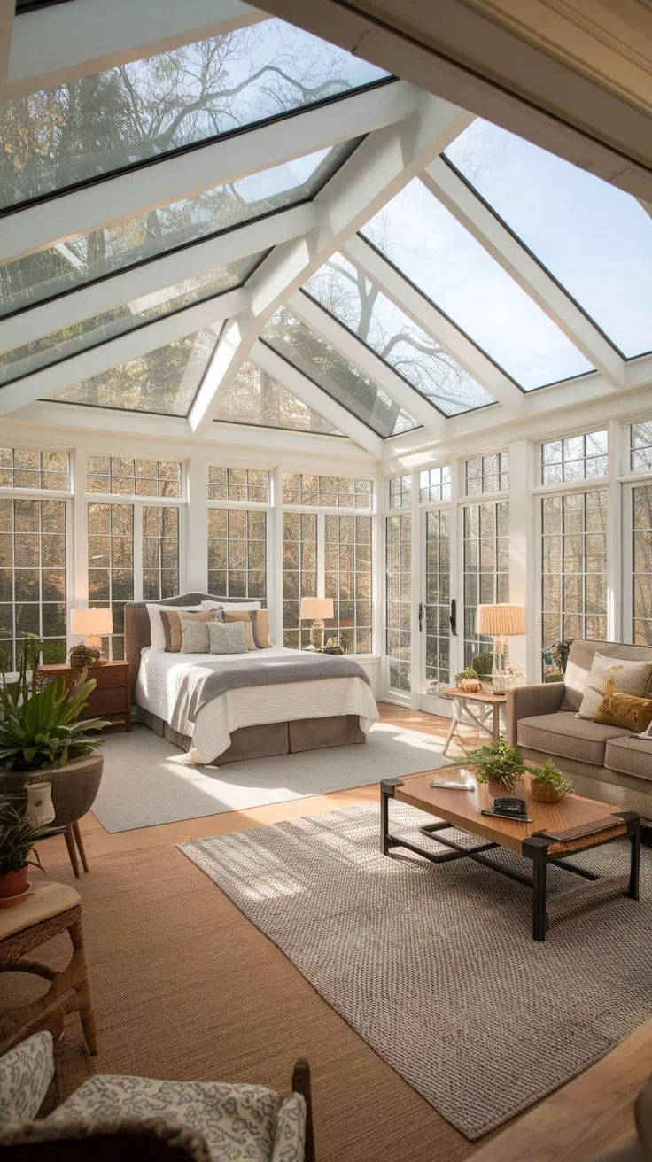 Sunlight streams into this dreamy sunroom bedroom.