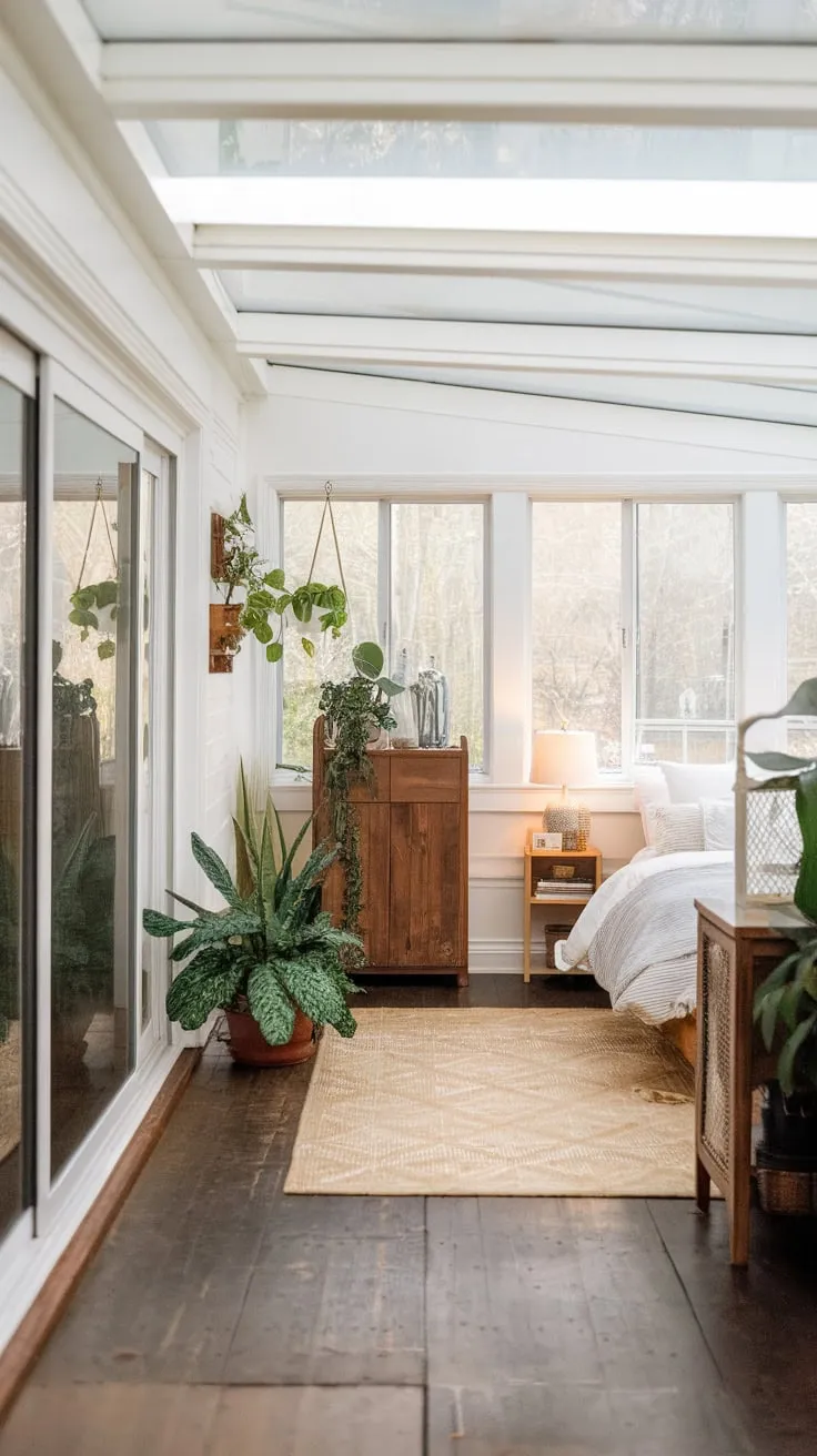 Sun-kissed dreams in this tranquil sunroom bedroom.