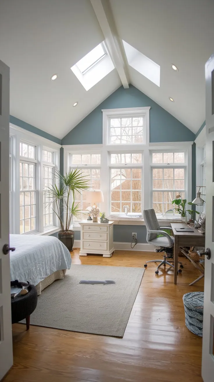 Sunlight streams into this serene sunroom, perfectly blending relaxation and work.