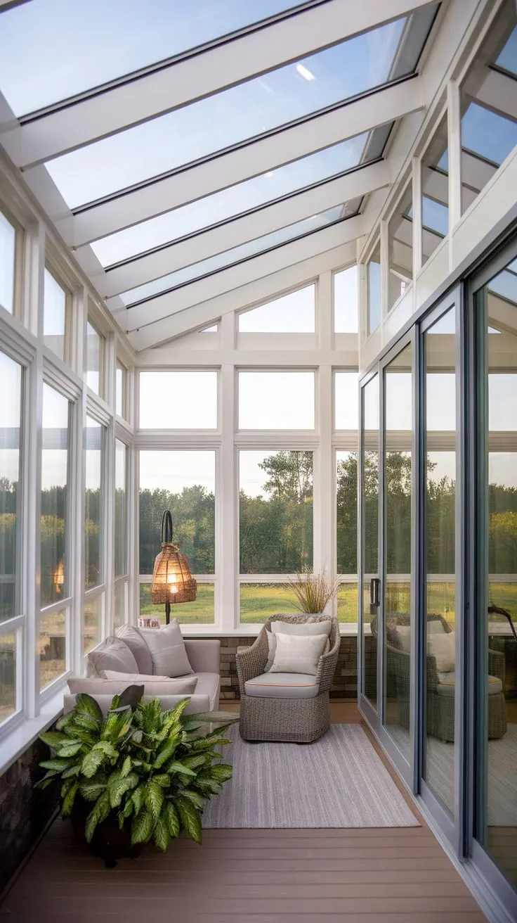 A sunroom ceiling that lets the outdoors in, creating a haven of natural light and tranquility.