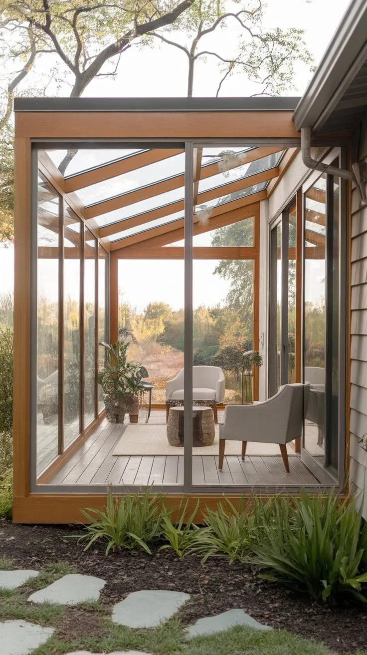 Sunlight streams through the glass ceiling, transforming this sunroom into an indoor oasis.