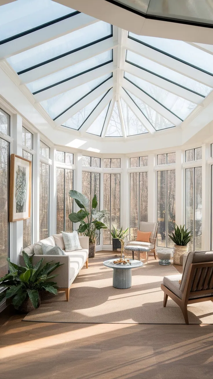 Sunlight streams through the glass ceiling, transforming this sunroom into an indoor oasis.