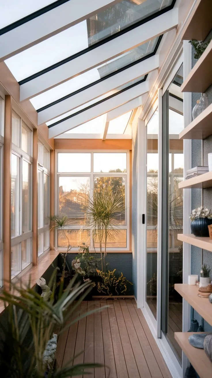 A skylight's embrace: wooden floors, leafy friends, and a ceiling of endless blue.