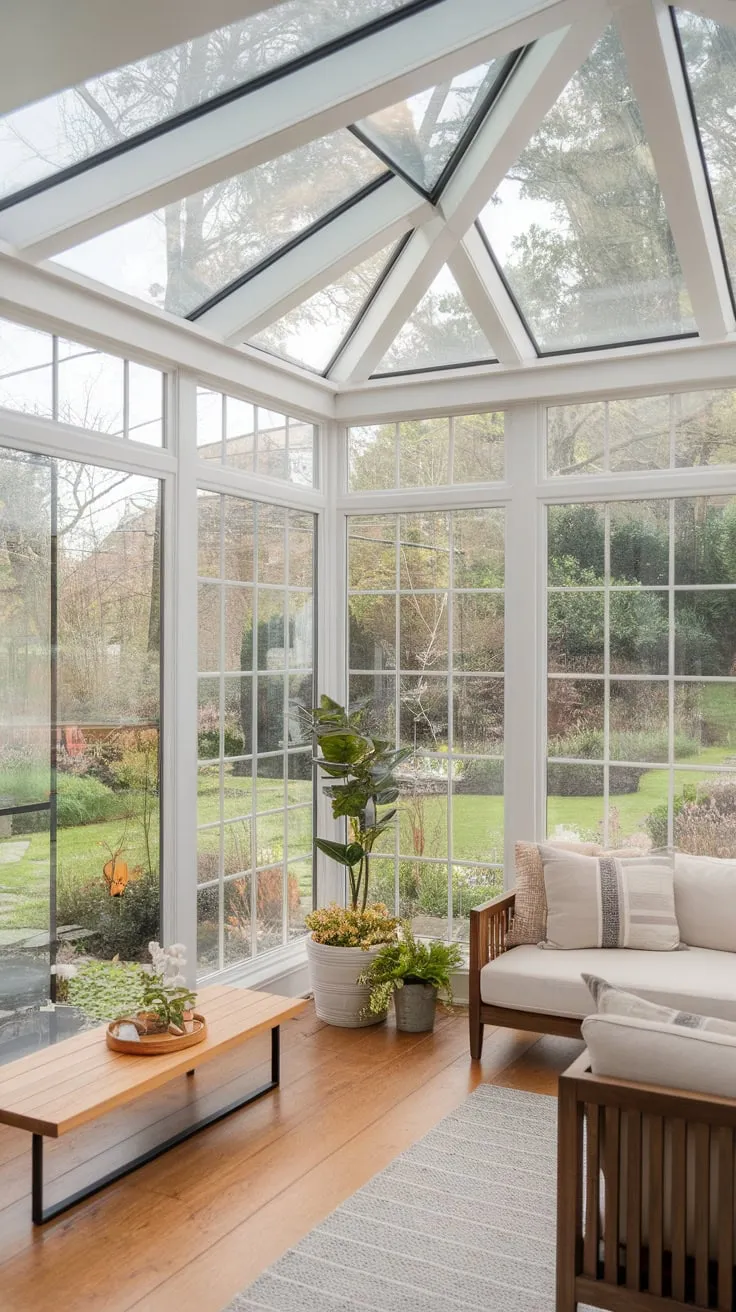 Sunlight streams through my glass ceiling, transforming this sunroom into an indoor garden.