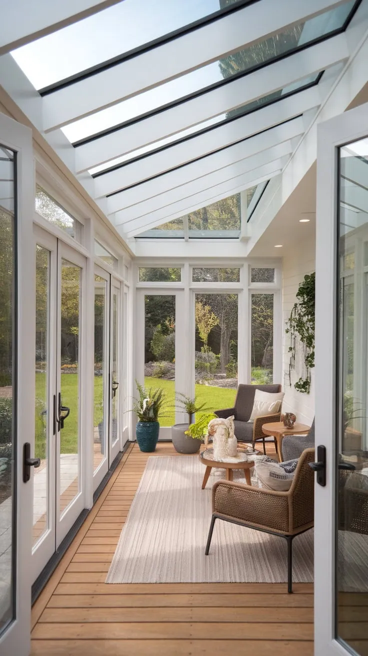 Sunlight streams in, a glass ceiling's embrace.