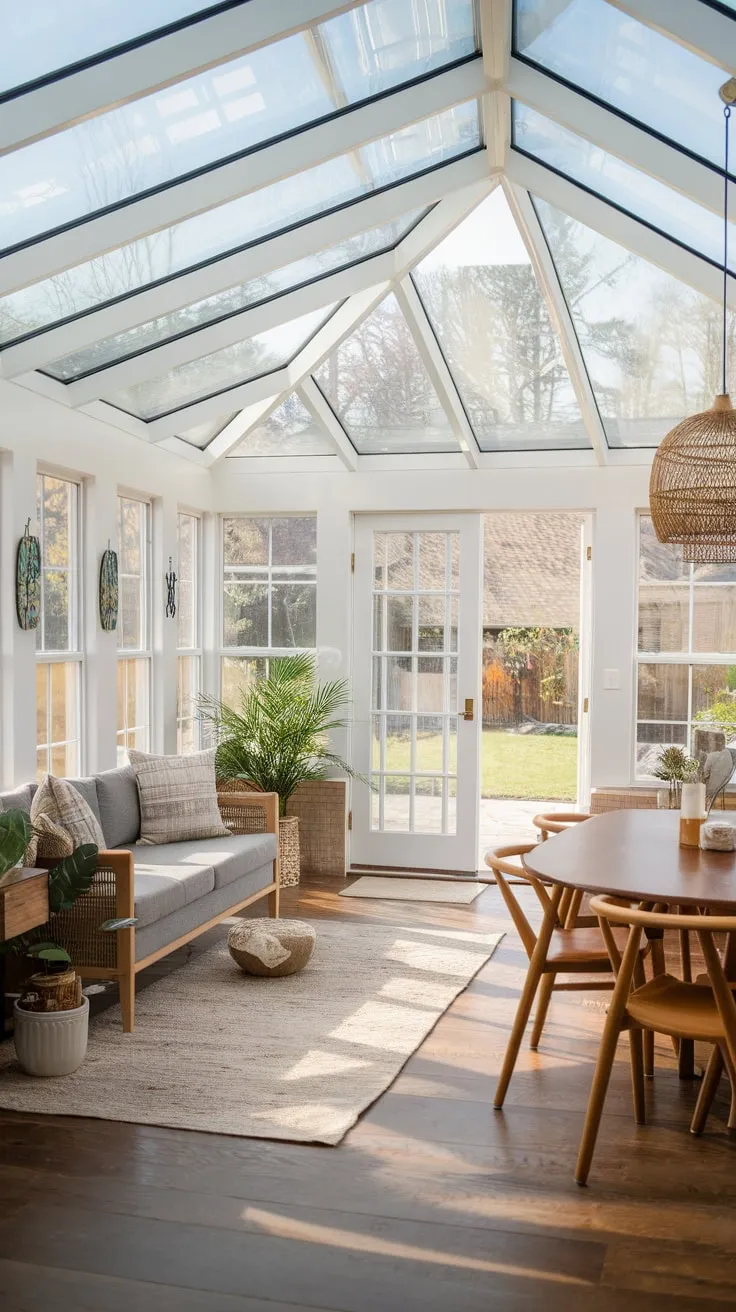 Sunlight streams in, a glass ceiling's embrace.