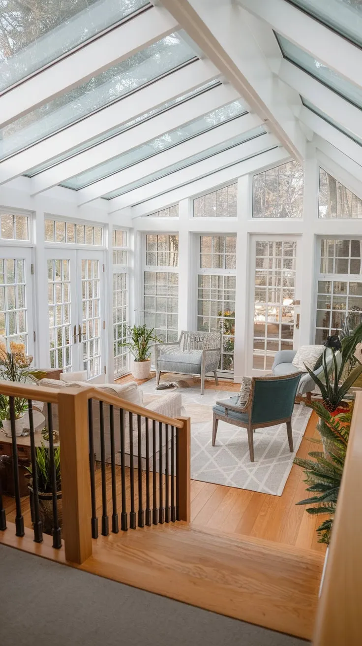 Sunlight streams through the glass ceiling, transforming this sunroom into an indoor oasis.