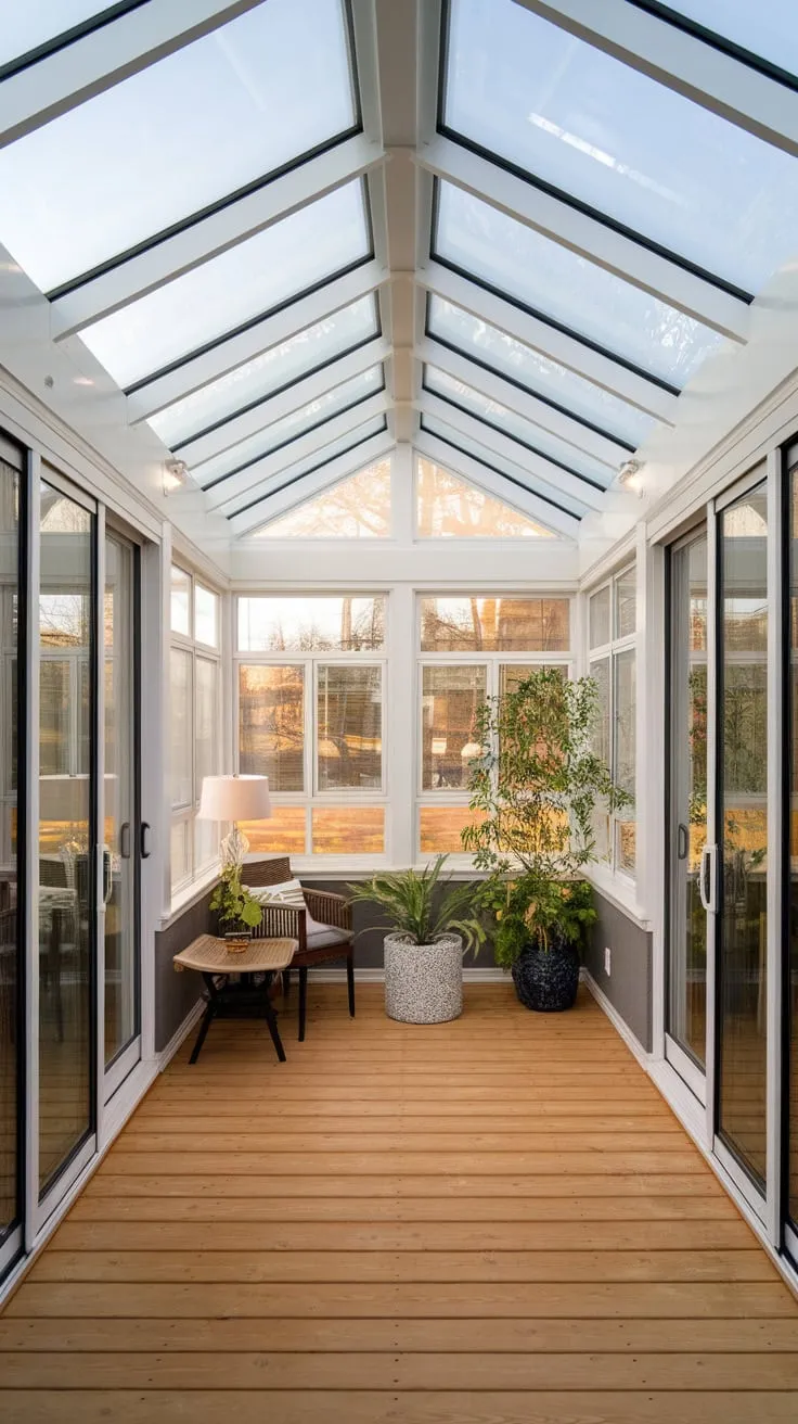 Sunlight streams in, redefined by a glass ceiling's artistry.
