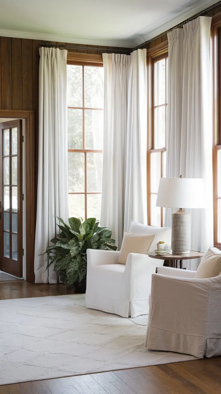 White curtains frame a sunroom sanctuary, where light dances on wood and dreams take root.