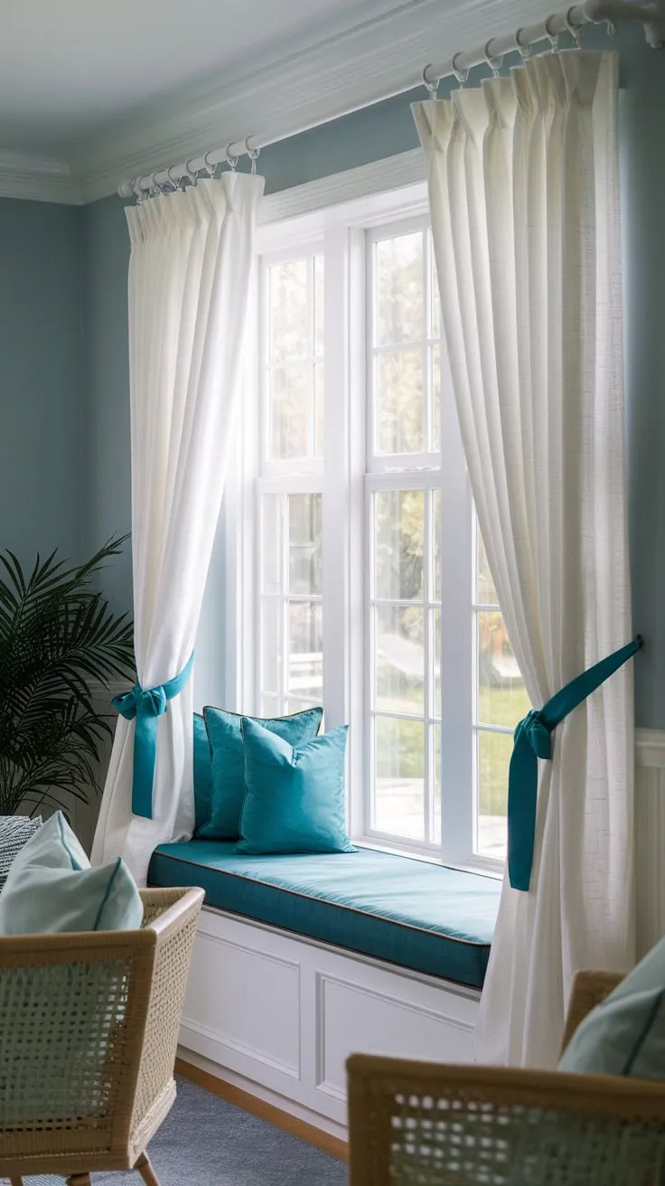 Sunlight streams through teal-tied curtains, transforming this sunroom into a tranquil escape.