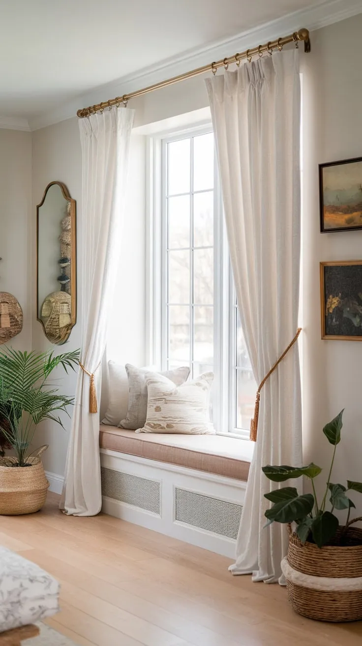 Flowing fabrics and golden ties frame a sun-drenched sanctuary.