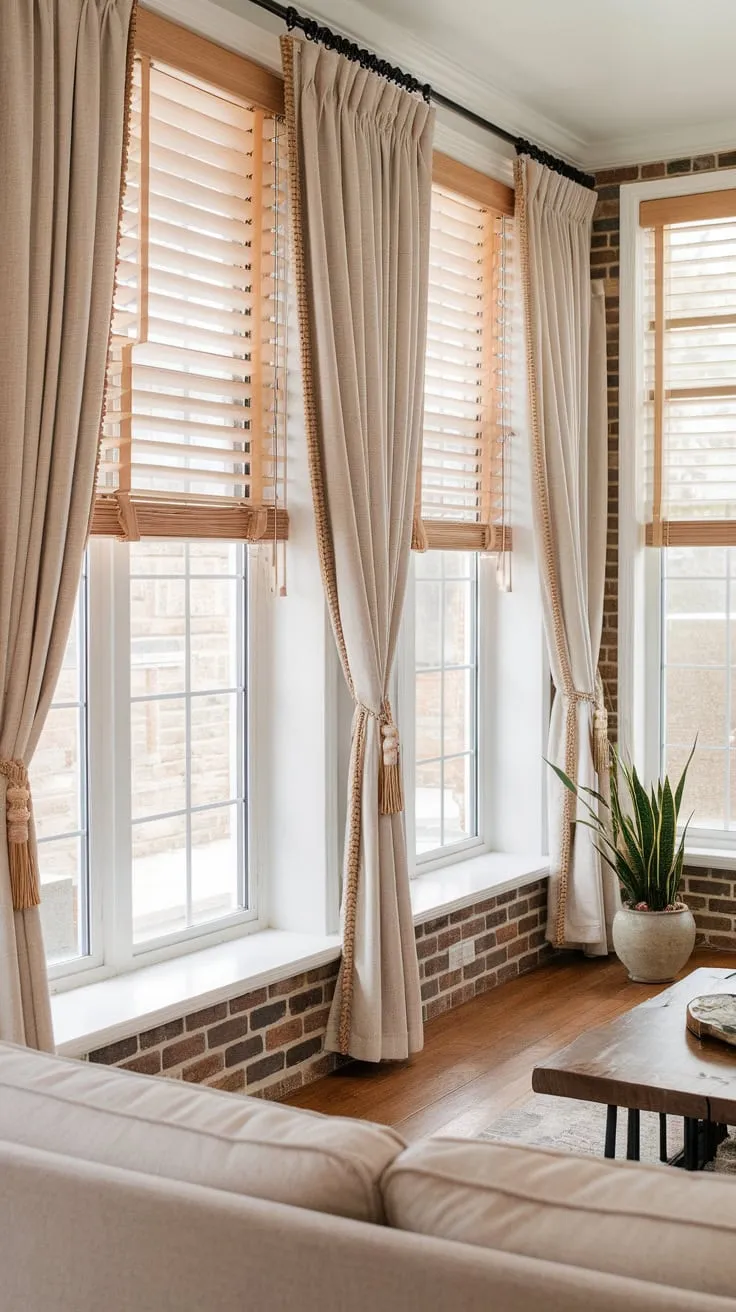 Sunlight streams through sunroom curtains, painting the brick walls warm.