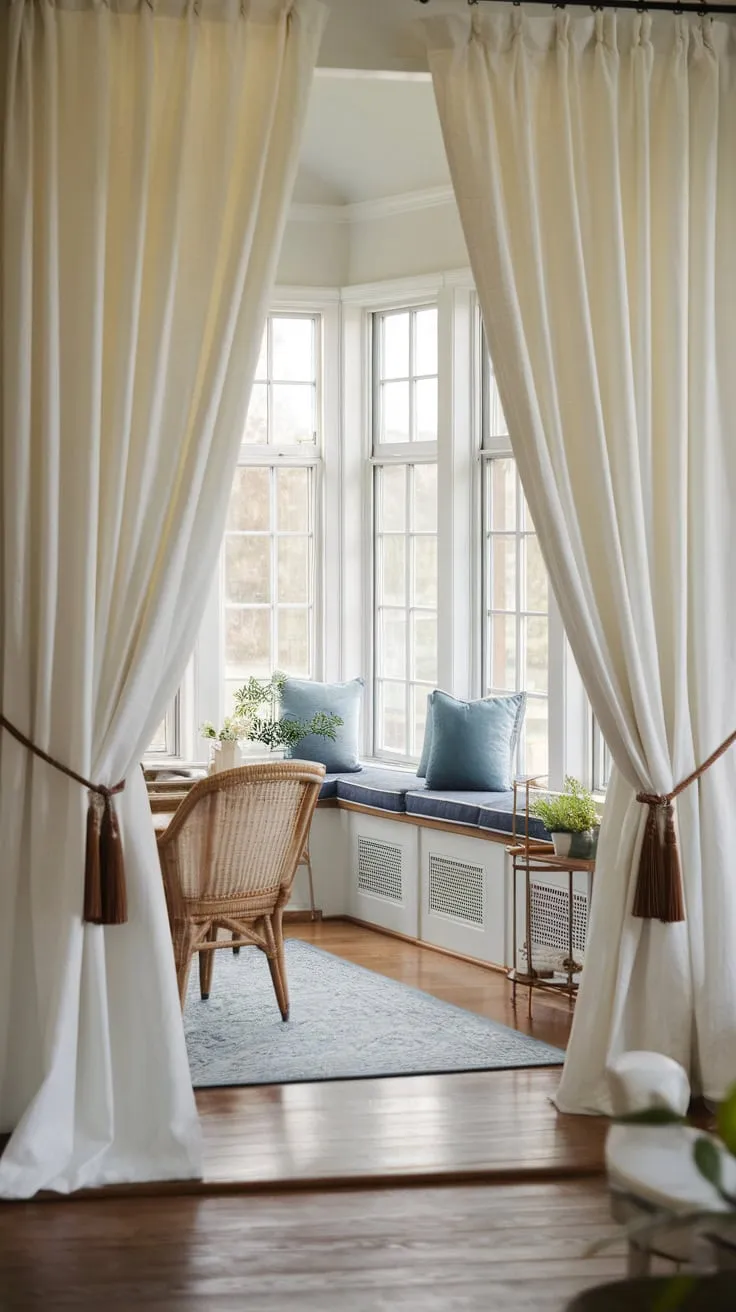 Sunlight streams in, framed by ribbons and whispers of white.