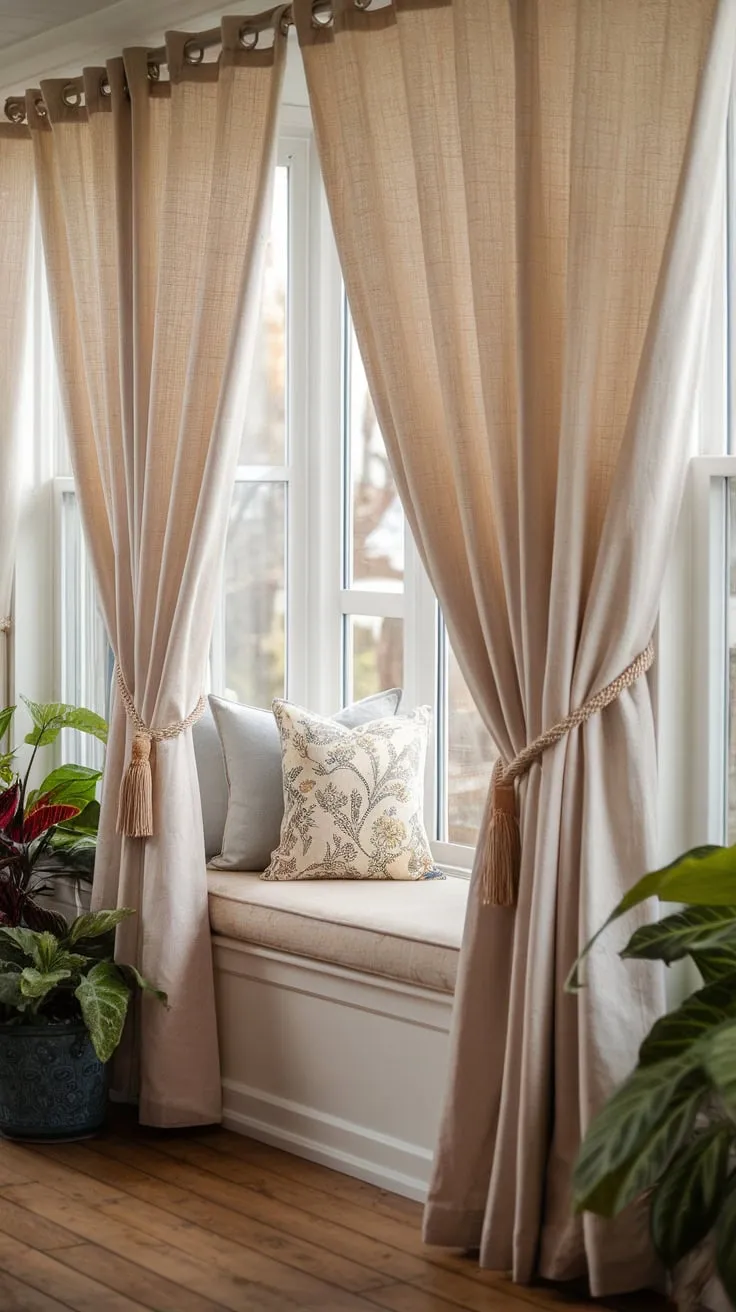 Beige curtains, tied with a gentle rope, whisper secrets of sun-drenched relaxation.