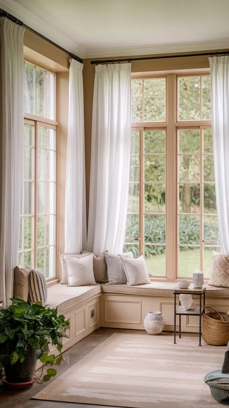 Curtains drawn, a garden's embrace floods the sunroom with life.