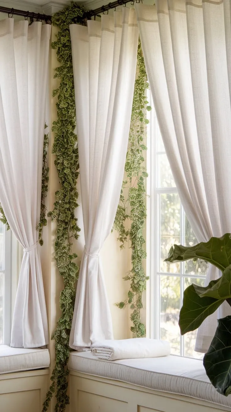 White curtains frame a sun-drenched sanctuary, where nature and light intertwine.