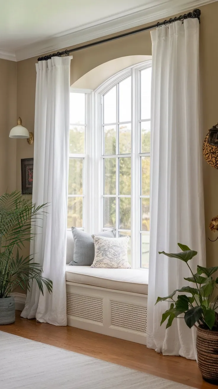 Sunlight streams in, painting the sunroom a warm hue through billowing white curtains.