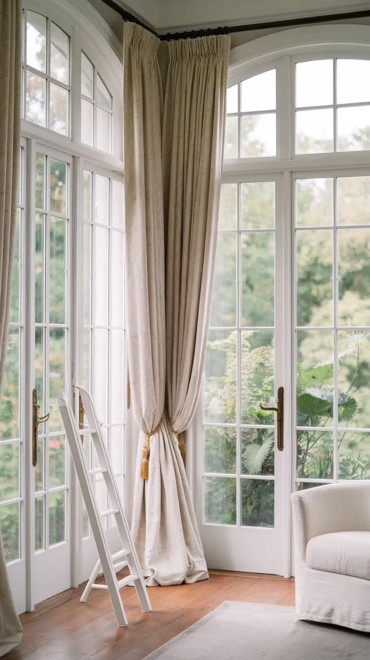 Sunlight streams in, framed by sunroom curtains and lush greenery.