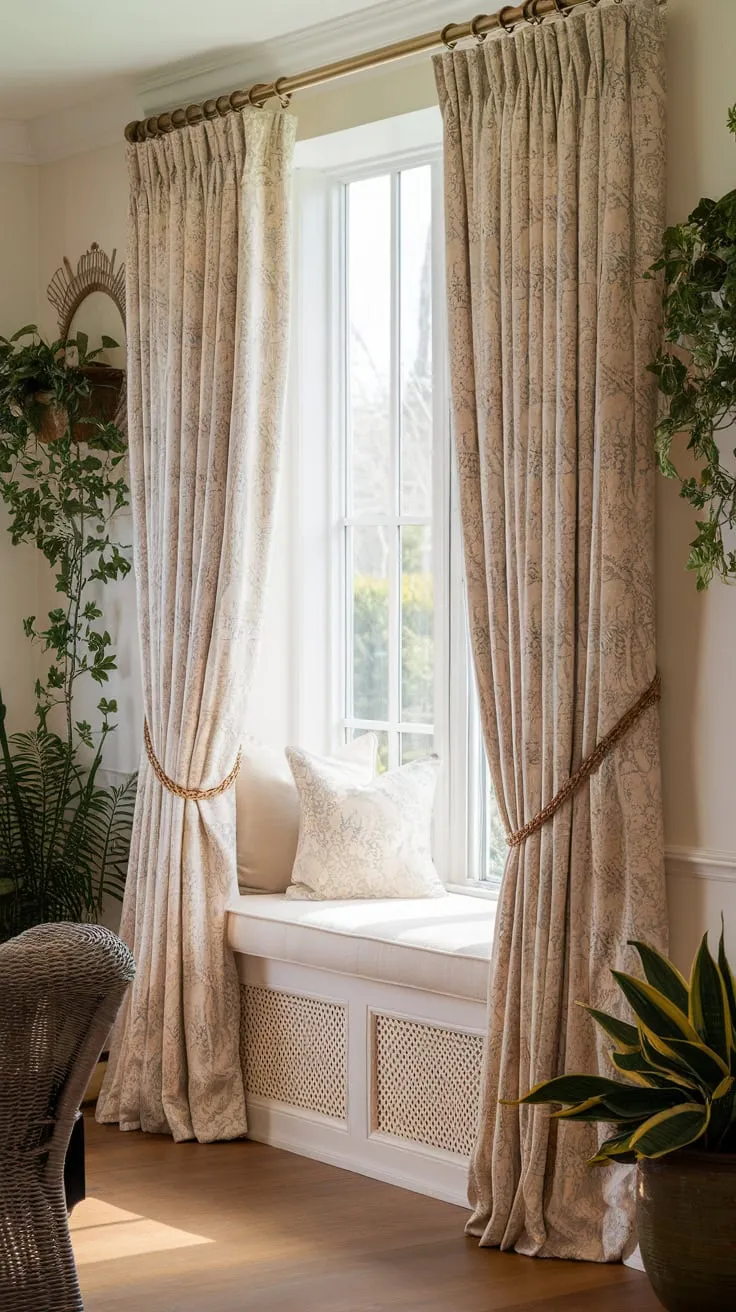 Sunlight streams through subtly floral sunroom curtains, painting the wicker furniture in golden hues.