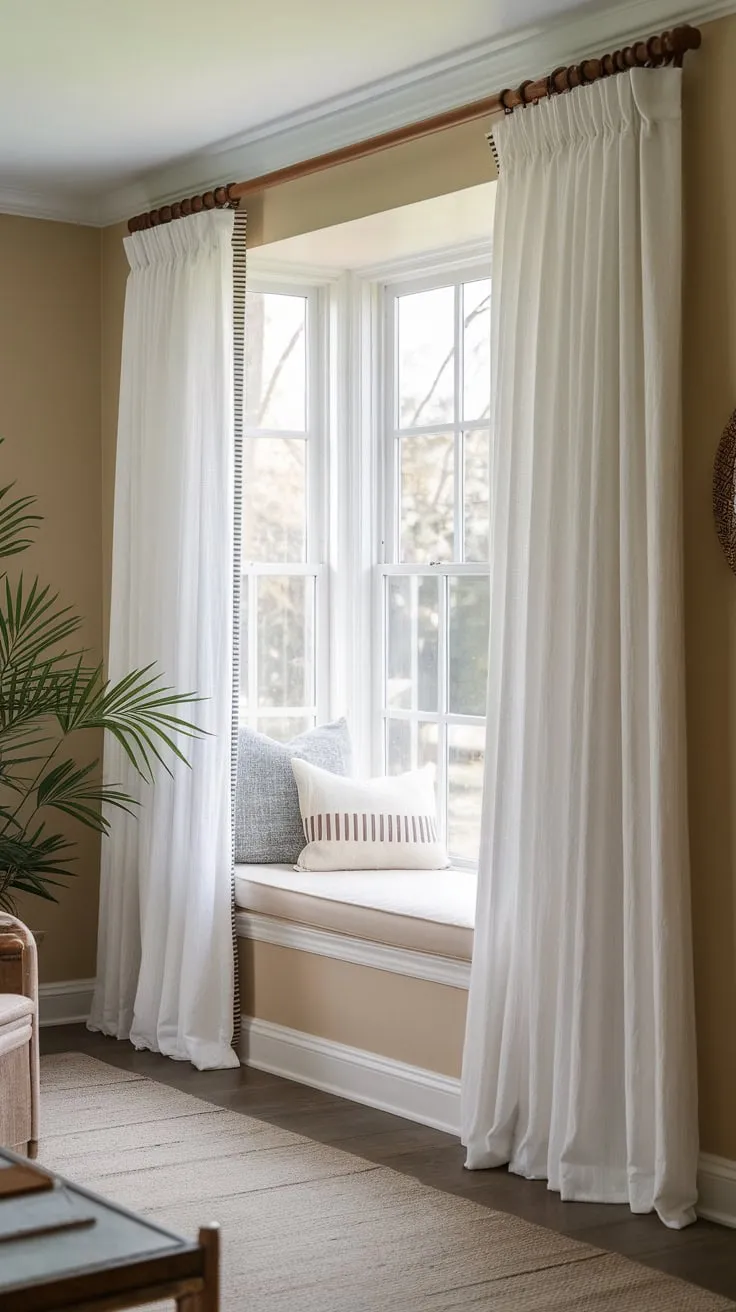 White curtains dance in the breeze, transforming a sunroom into a sanctuary.