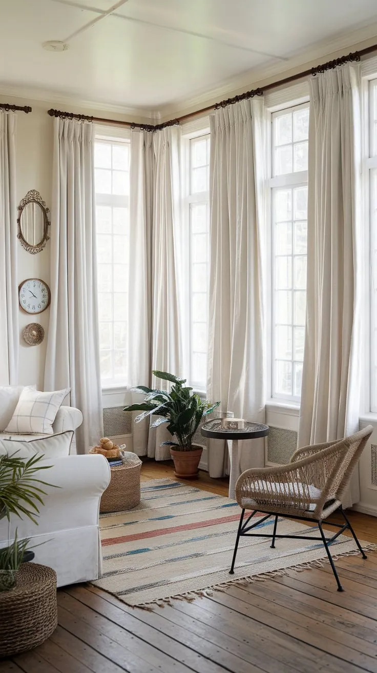 Sunlight streams through sheer elegance, perfectly framed by bronze and white.