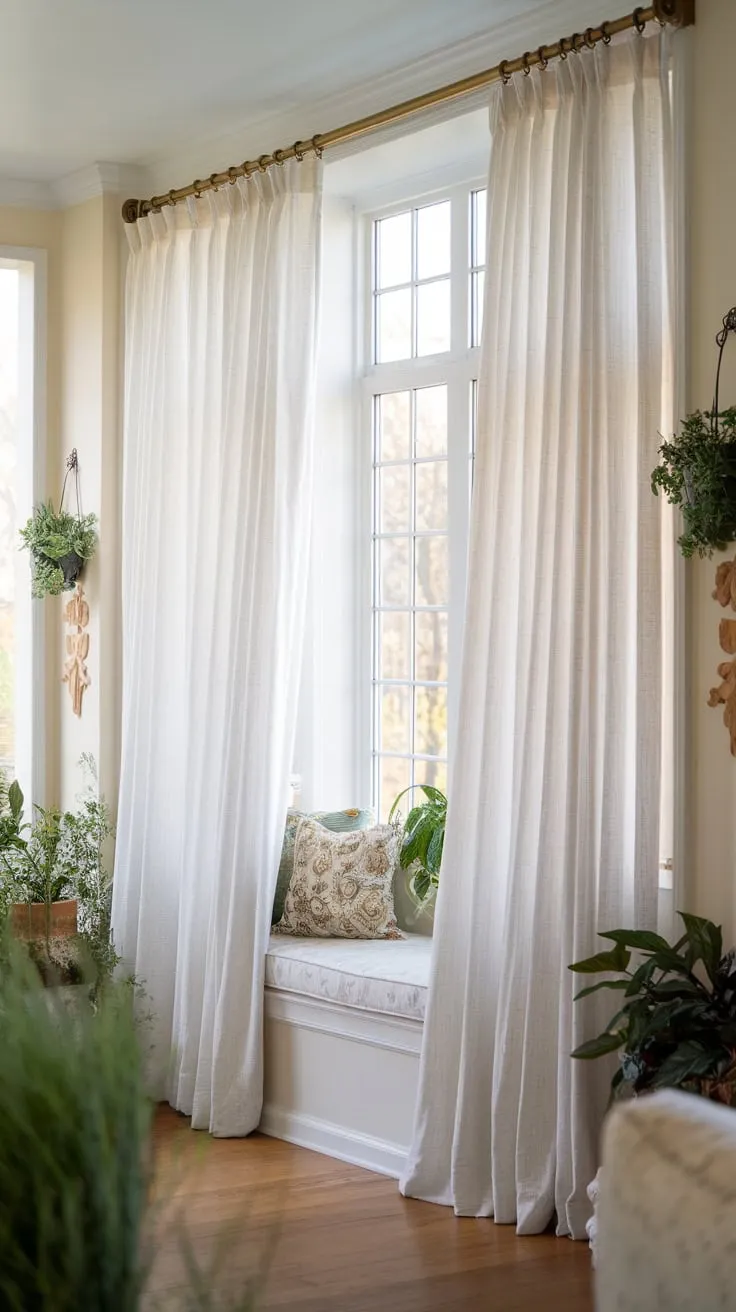 Sunlight dances through billowing curtains, transforming this sunroom into a haven.
