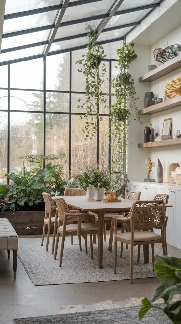 Sunlight, plants, and good company: the perfect sunroom dining recipe.