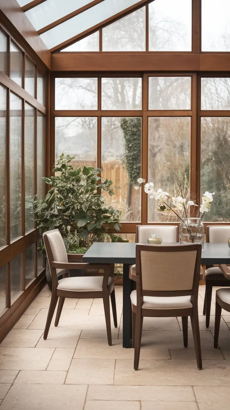 Where sun-drenched meals meet sophisticated style, this sunroom dining room is pure serenity.