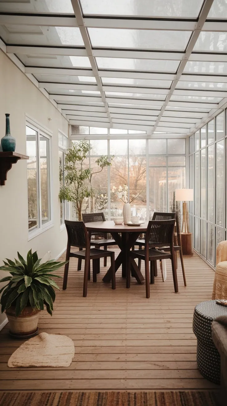 Where indoor coziness meets outdoor brightness: a sunroom dining experience redefined.
