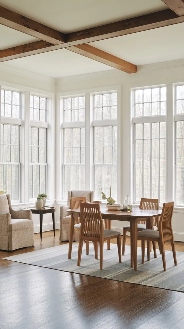 Sunlight streams in, illuminating the perfect blend of comfort and style in this sunroom dining haven.