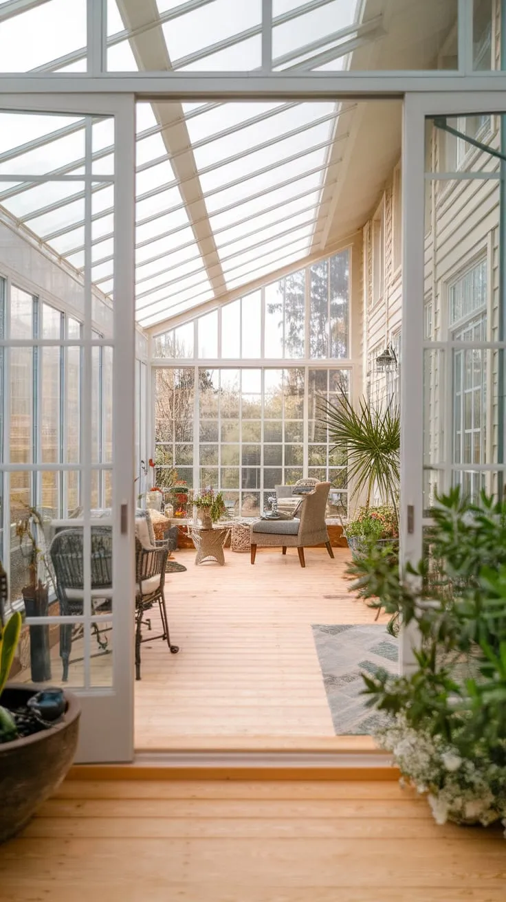 Natural light dances across the sunroom's warm, wooden embrace.