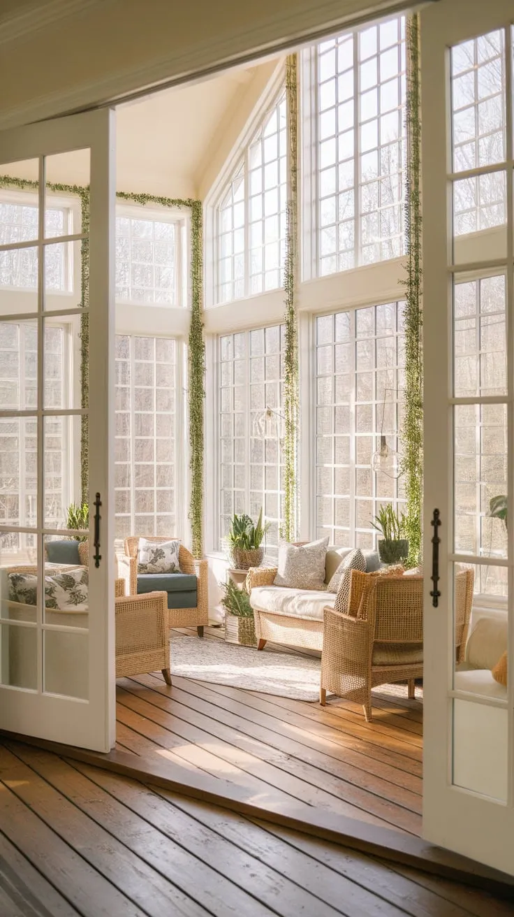 Sun-drenched days and cozy nights, all on this beautiful sunroom floor.
