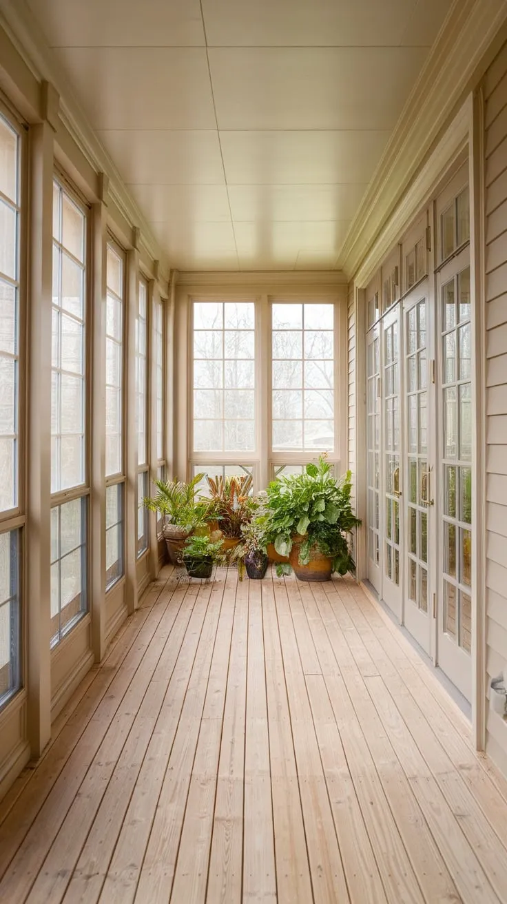 Sunlight streams in, warming the honeyed glow of this sunroom's floor.