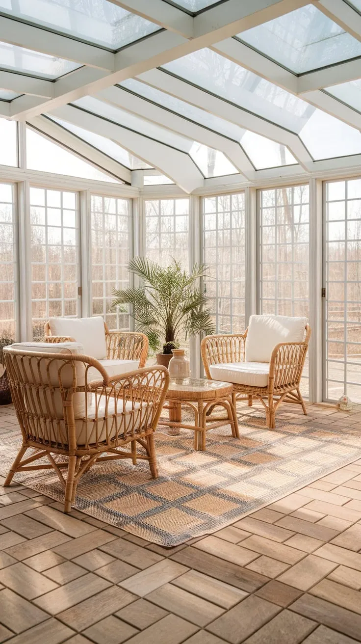 Interlocking wood, endless light: my sunroom's floor is its own masterpiece.