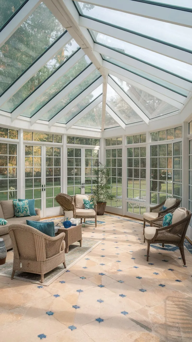 Beige and blue tiles, a garden's reflection: sunroom flooring that shines.