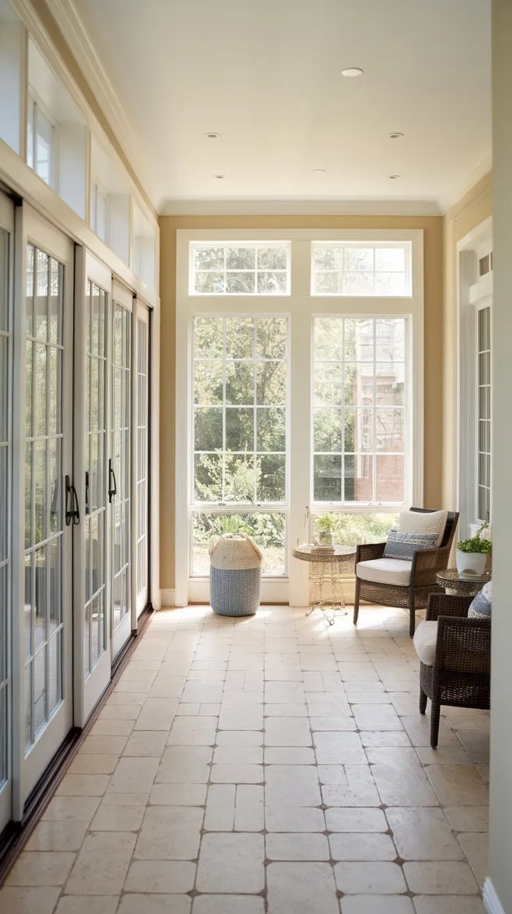 Beige beauty: sunroom flooring that shines.