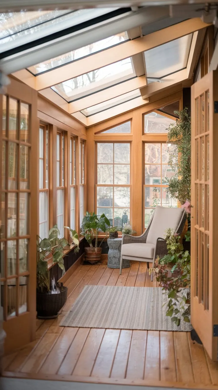 Warm wood floors, sun-drenched views: this sunroom's the perfect blend of indoor comfort and outdoor bliss.