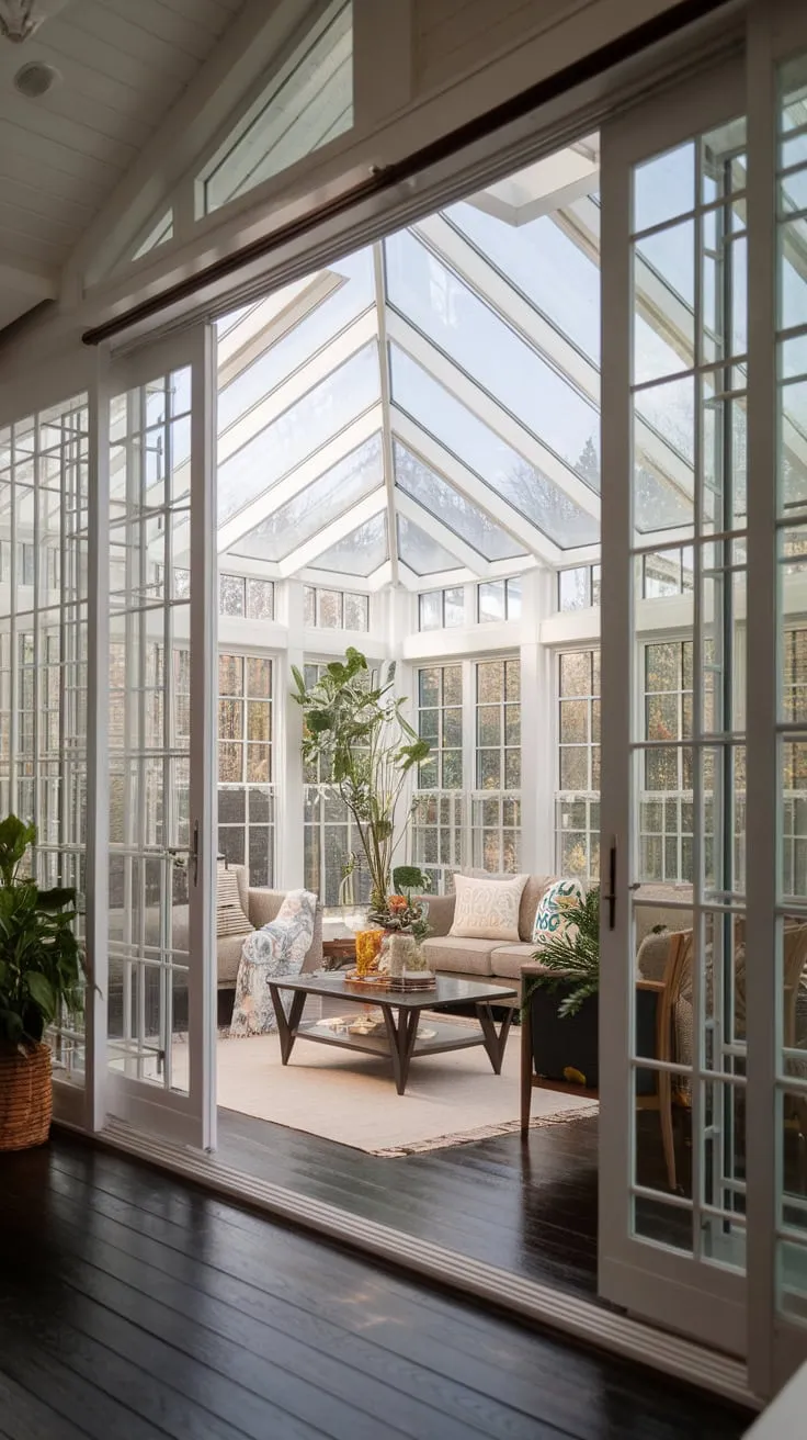Dark floors anchor this sunroom's bright, airy design.