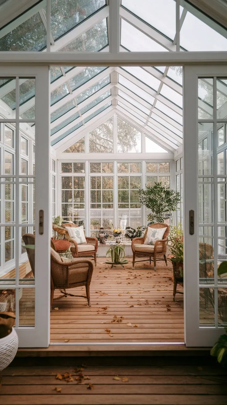 Sunroom floors: where autumn leaves become art.