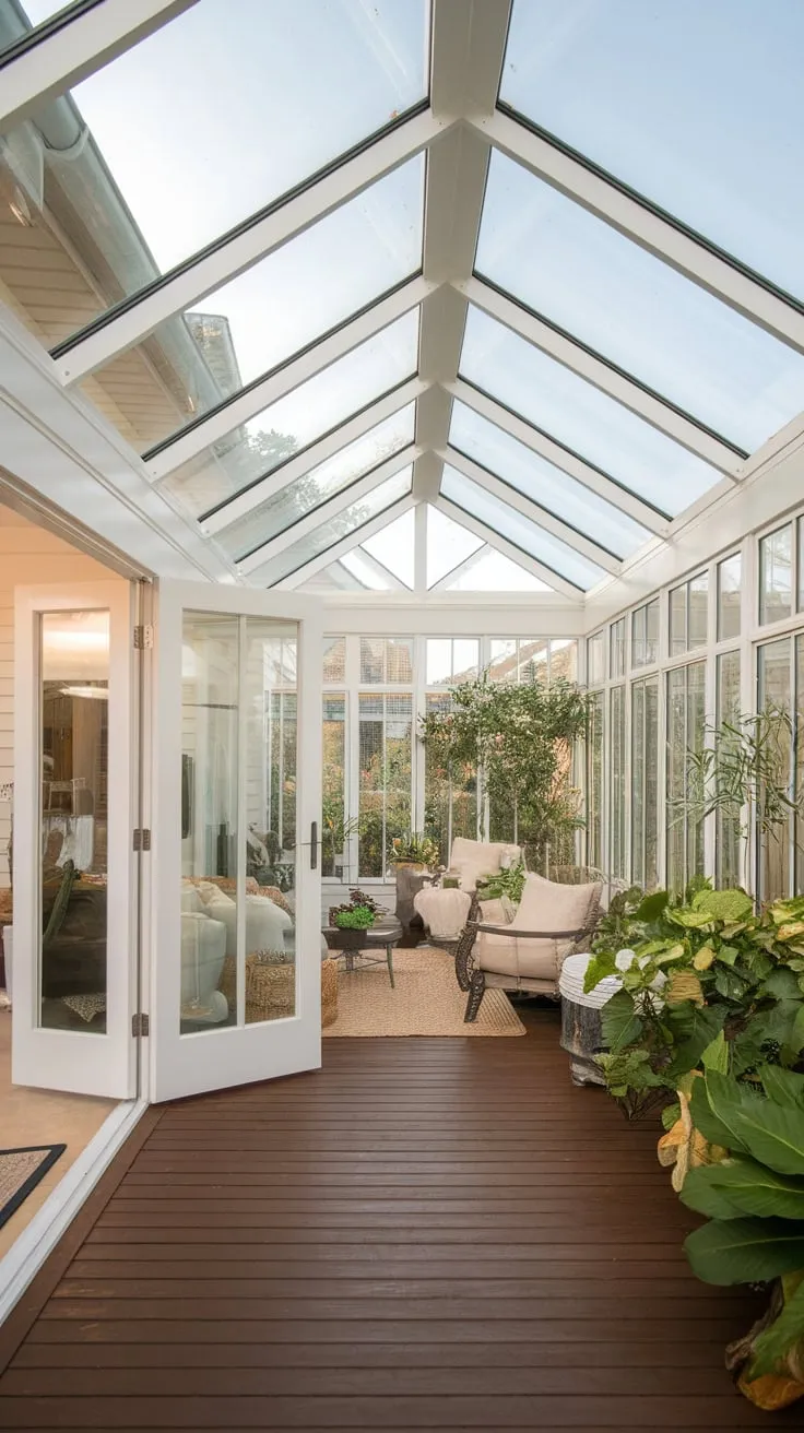 Dark wood floors anchor this sunroom's bright, airy escape.