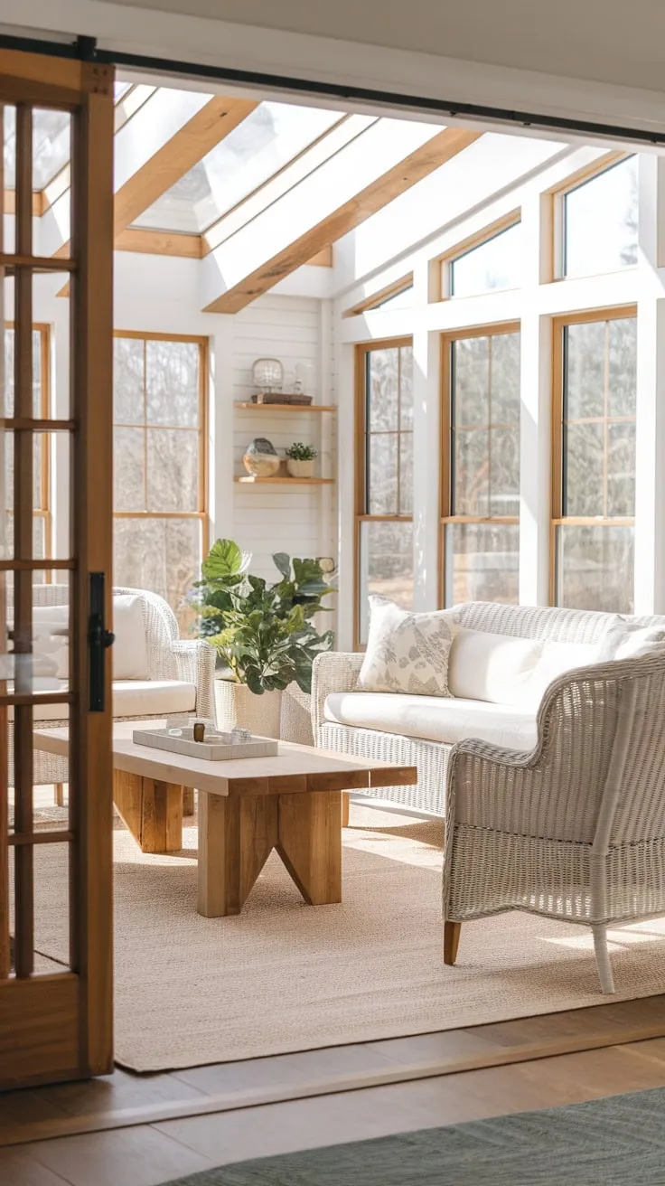 Sun-drenched serenity: Modern farmhouse sunroom furniture that invites relaxation.