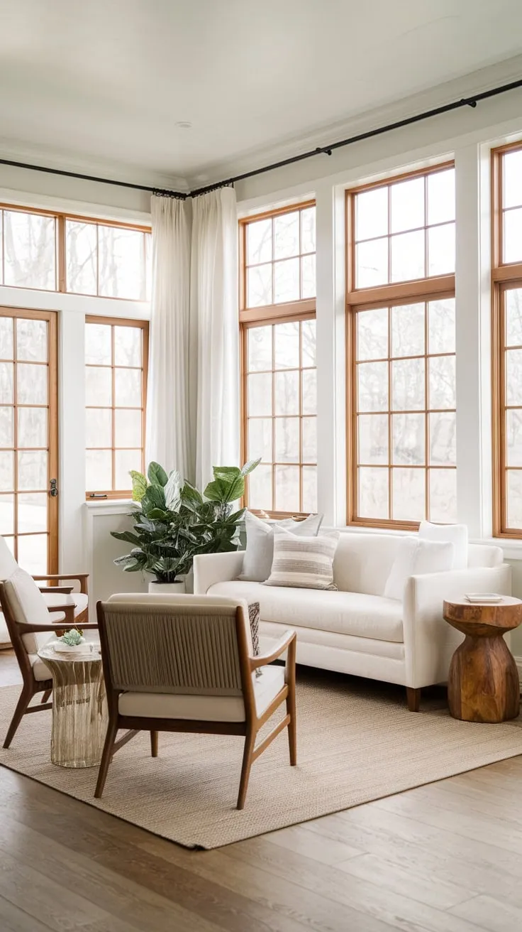Farmhouse charm meets modern comfort in this sun-drenched seating haven.